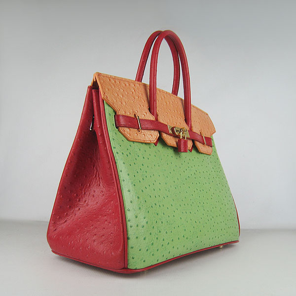 High Quality Fake Hermes Birkin 35CM Ostrich Veins Handbag Red/Orange/Green 6089